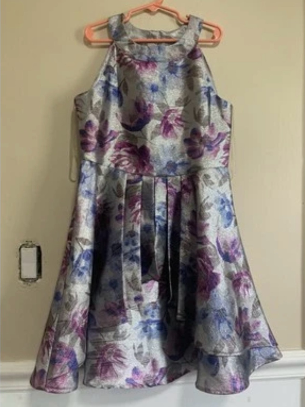 Calvin Klein Girls Silver Floral Brocade Party Dress Size 10 High Low Hem